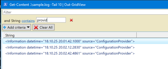 Using PowerShell to tail a file, then displaying the results in a baked in searchable grid