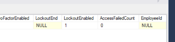 A snippet of the AspNetUsers table shown in SQL Server Management Studio with the newly added EmployeeId column visible