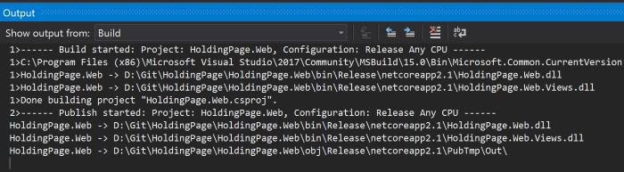 The Visual Studio 'Output' window showing publish progress after Azure resources such as the resource group and App Service have been created