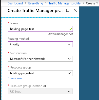 Setting up a new Azure Traffic Manager profile doesn't require many details, just the name and the routing that will be applied to the profile