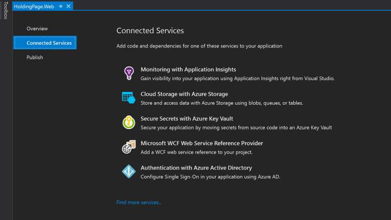 The Connected Services page in Visual Studio 2017 where Azure Storage can be selected