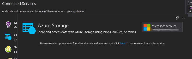 The Azure Storage connected service wizard in Visual Studio 2017 for a user with no associated Azure subscription