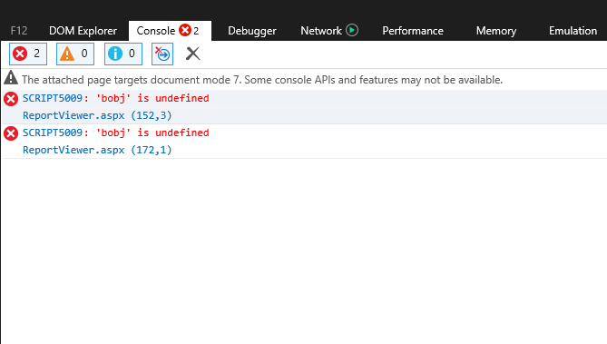 Developer Tools showing the error that's indicative of an old version of Crystal Reports and an upgraded version of the .NET Framework