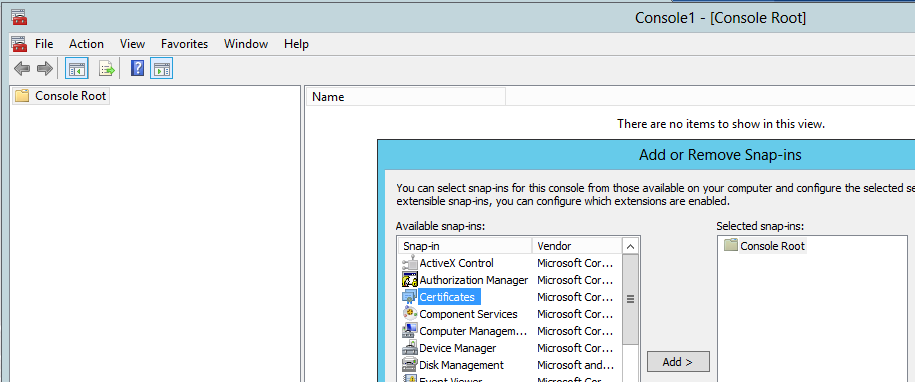 The Add or Remove Snap-ins window allows you to choose the Certificates snap-in