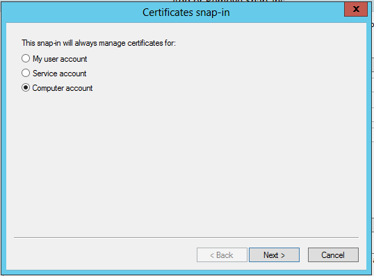 Selecting the Computer account certificate store