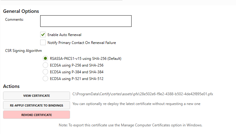 The 'Other Options' part of the Certify SSL/TLS Certificate Management app that shows where the certificate is written