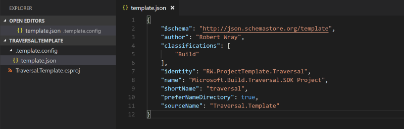 Using Visual Studio Code to write the definition of a dotnet template