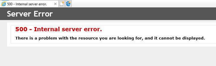 A screengrab of Internet Explorer showing a 500 - Internal server error message