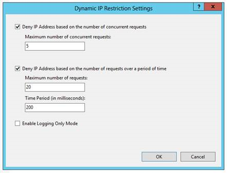 The Dynamic IP Restriction Settings window in 'Internet Information Services (IIS) Manager'