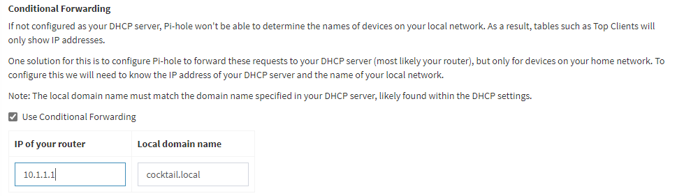 The 'Use Conditional Forwarding' setting in Pi-hole' in Settings, DNS