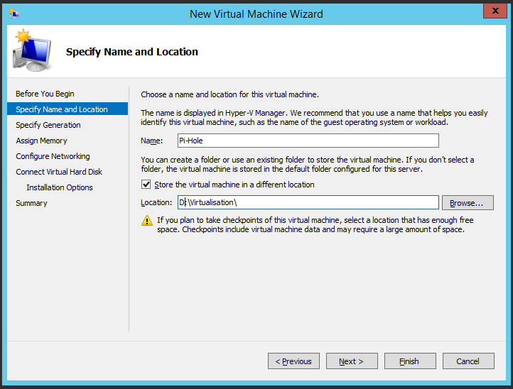 Naming the Virtual Machine and determining where to store it