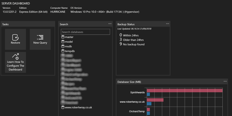 SQL Operations Studio showing the Server Dashboard for a new connection to a server