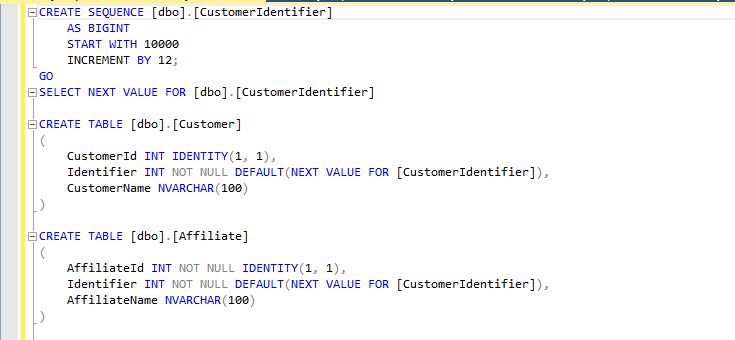 The SQL statements needed to create a new Sequence and bind it to two different columns via defaults