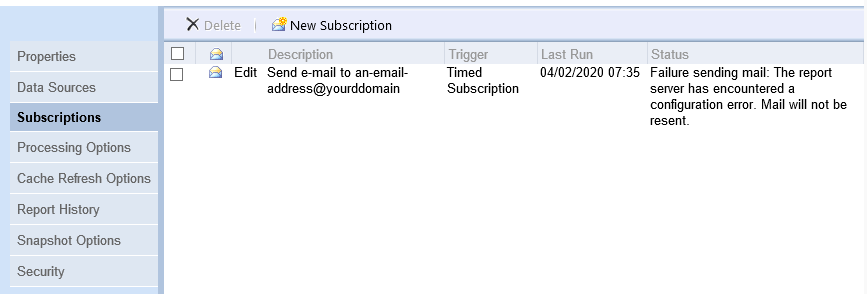 The 'Subscriptions' tab in SSRS showing the status of a timed subscription that's failed to send by email