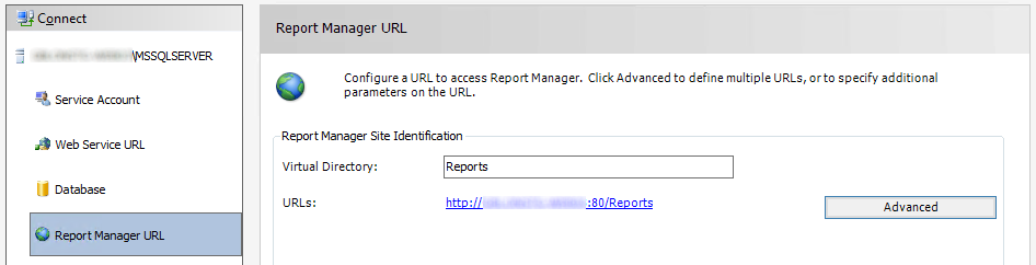 Select 'Report Manager URL' in the user interface to configure HTTPS access to the reporting web user interface