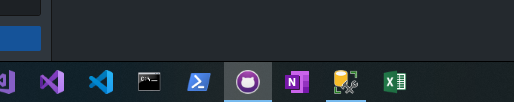 Windows 10 taskbar with the new Visual Studio Code icon showing after running the command to trigger an icon cache refresh