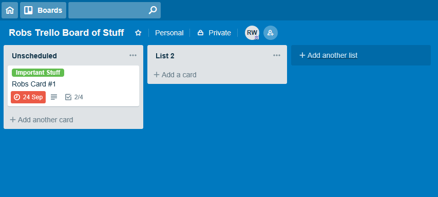 A very small Trello Board with a solitary item that's past its due date