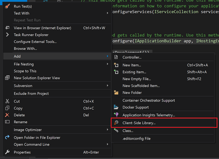 The menu option in Visual Studio to fire up LibMan