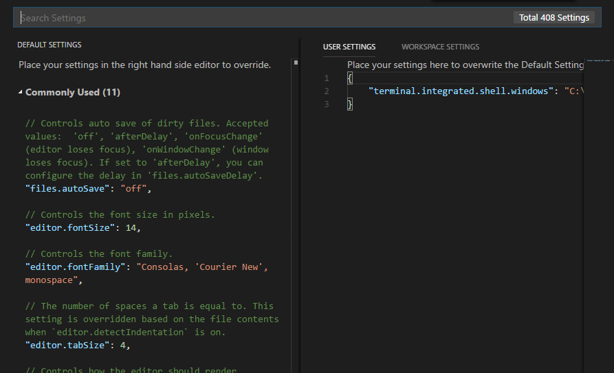 The editor for Visual Studio Code user settings