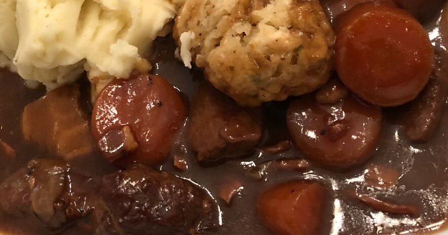 Braised beef shin, served with thyme dumplings and mashed potato