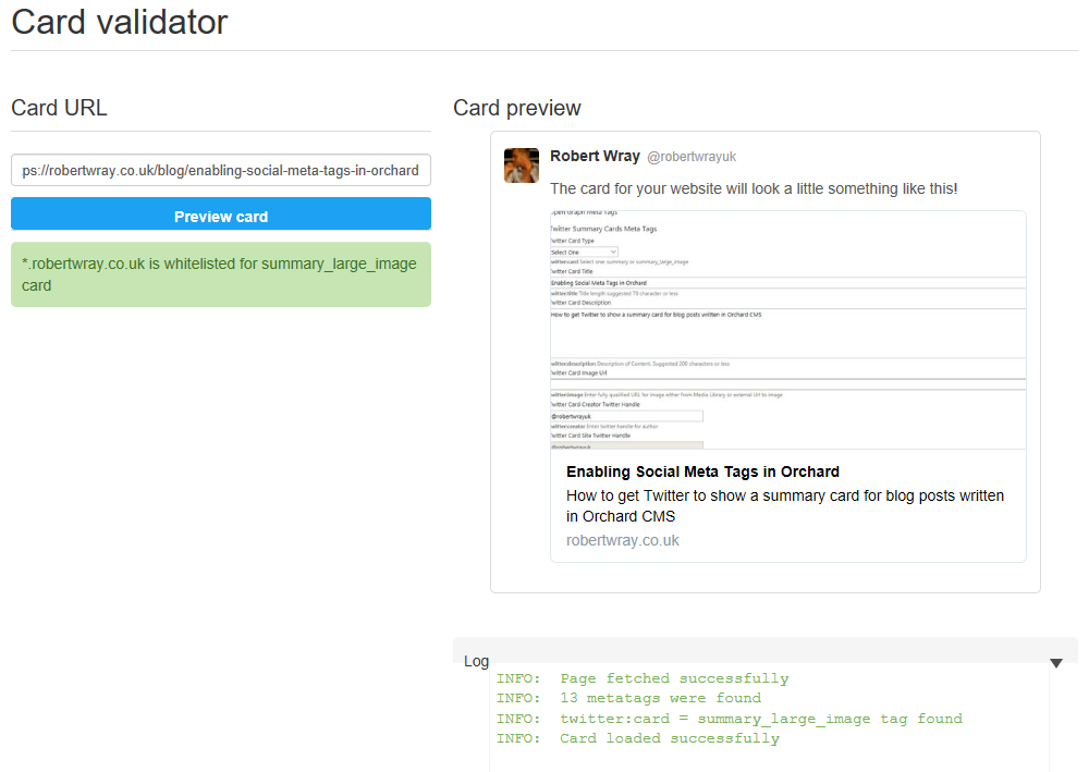 This blog post showing a card in the Twitter Card Validator