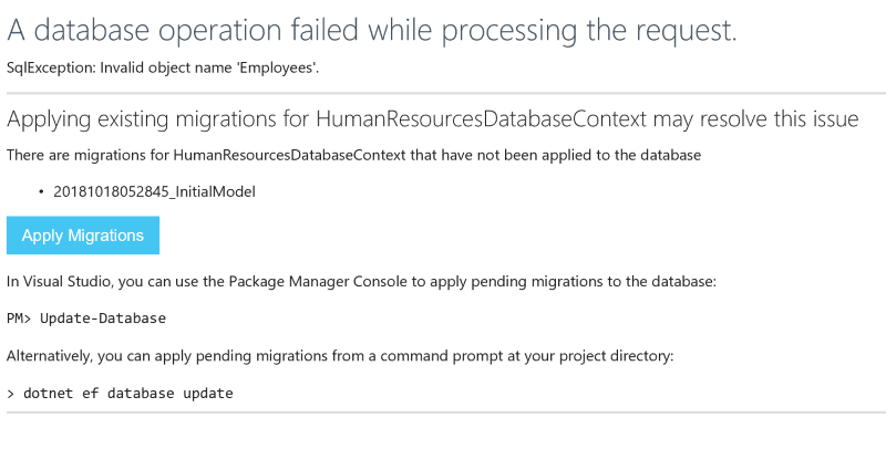After adding code that tries to retrieve Employees, a prompt is given to apply the migrations required because the table cannot be found
