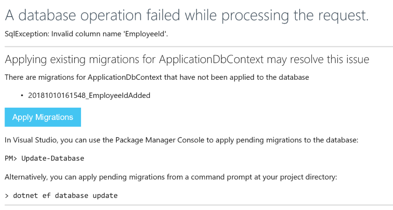 Again Entity Framework has piped up to point out that there's a migration that needs to be carried out
