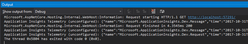 The Output pane showing the request details that were shown in the console