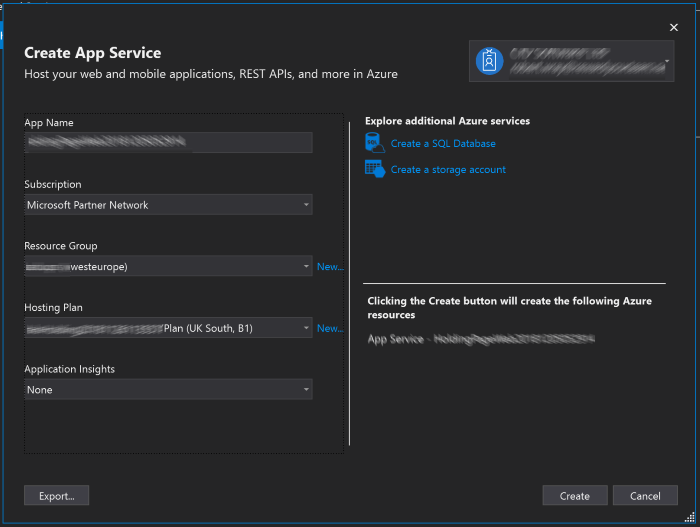 The 'Create App Service' window in Visual Studio 2017 that's shown when publishing a project to Azure'