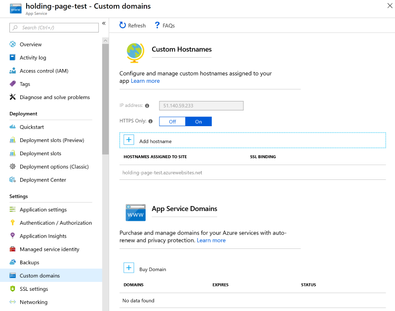 Configuring custom domains for an Azure Service App