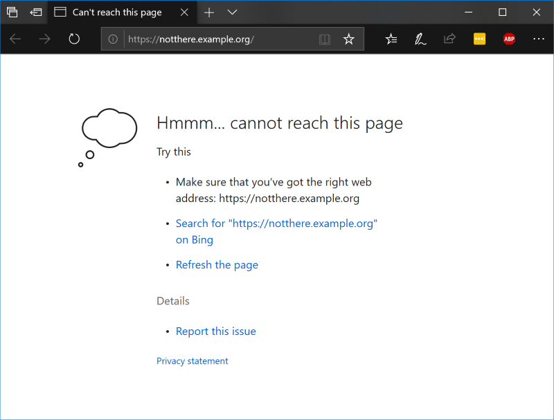 Microsoft Edge showing the sad 'Hmmm... cannot reach this page' message that no company wants to let its customers see