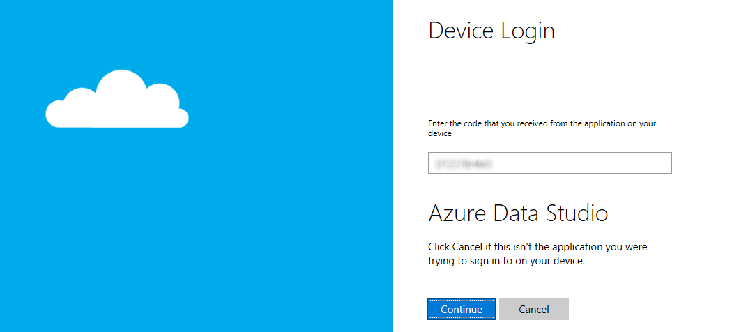 The Azure 'Device Login' page where you can enter your user code and click Continue