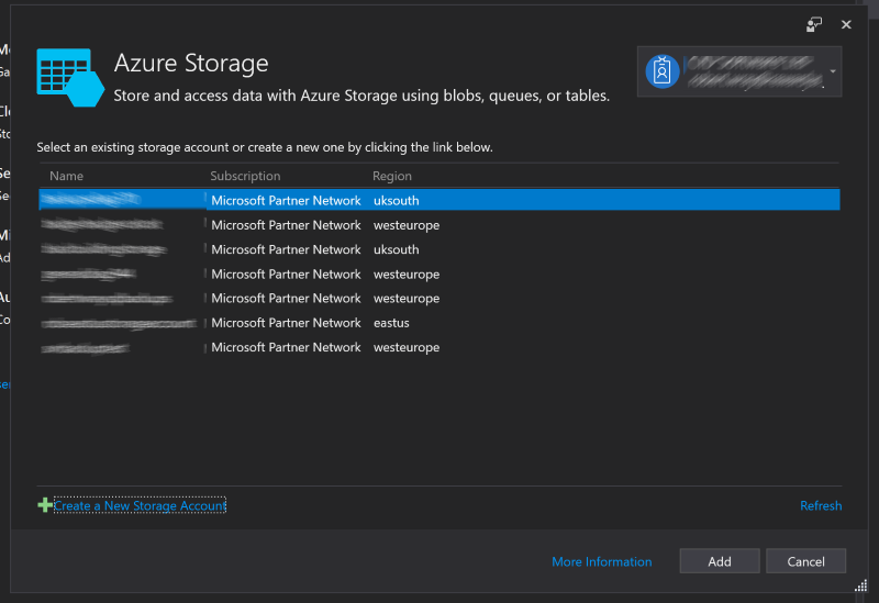 Visual Studio 2017s 'Connected Services' window listing all the existing storage accounts associated with a subscription