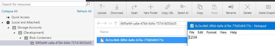 Azure Storage Explorer showing the blob created in the Emulator