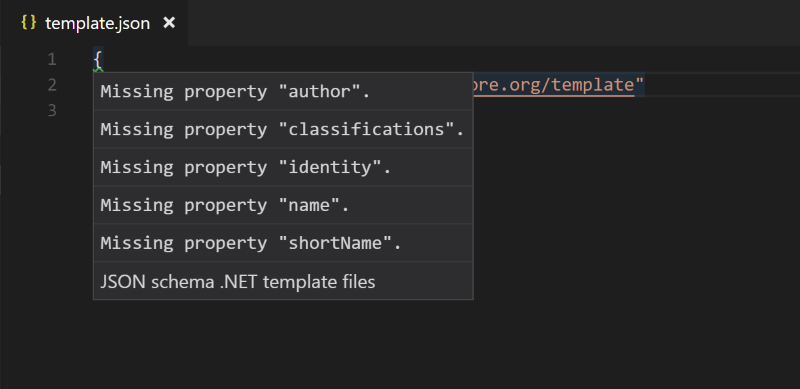 Visual Studio Codes IntelliSense highlighting that some required values haven't been specified in template.json