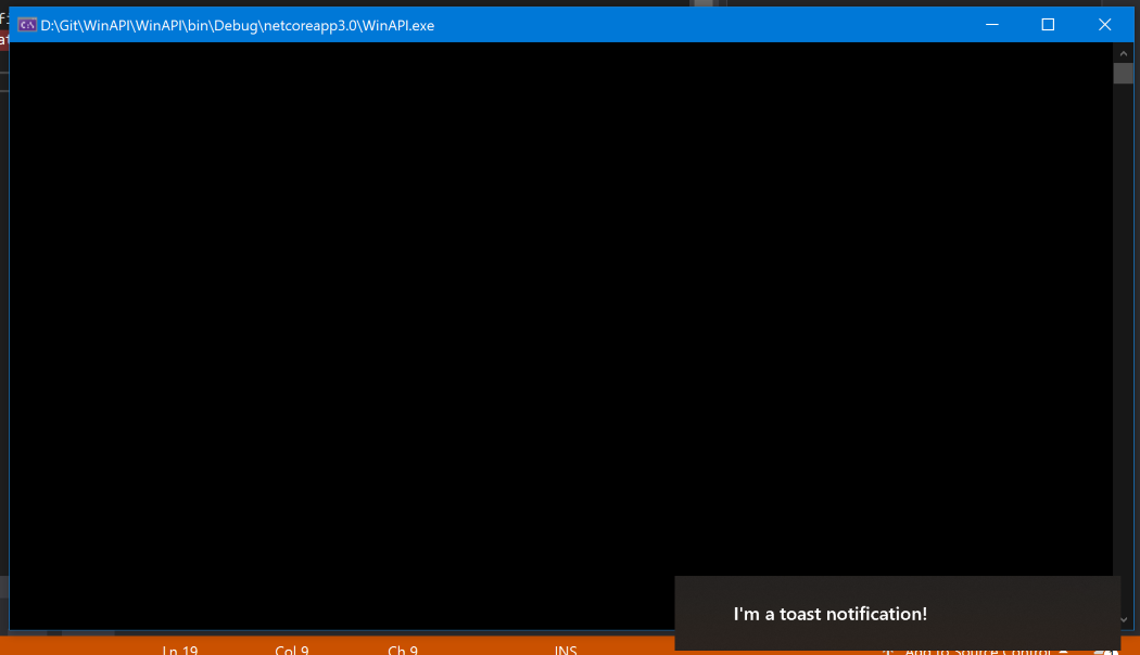 A Windows 10 toast notification displayed from a .NET Core 3.0 console application