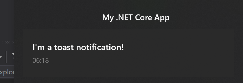 A toast notification from a .NET Core console app shown in the notification area