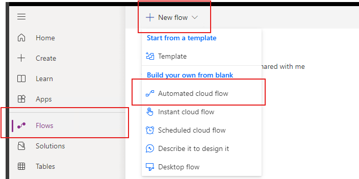 The steps to navigate through to start the process of creating a new 'Automated cloud flow'