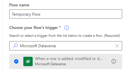 Naming your new flow and selecting the appropriate trigger by searching for it