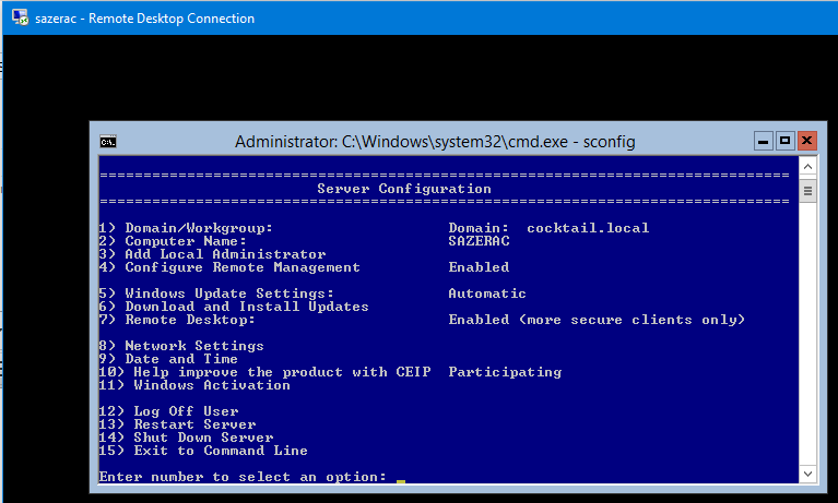 The SCONFIG menu on Windows Server core installs