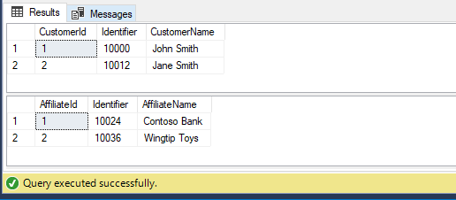 The results of querying the Customer and Affiliate tables showing the Identifier column populated by the CustomerIdentifier sequence