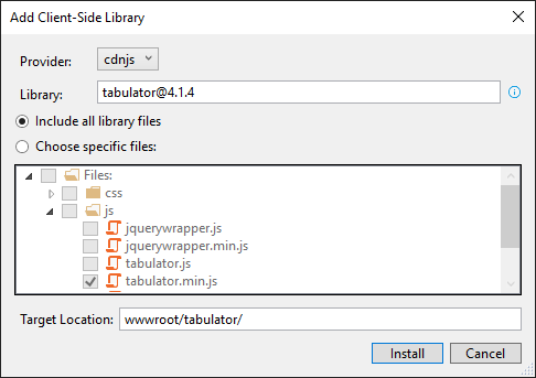 Using Microsoft Library Manager to add Tabulator to my project