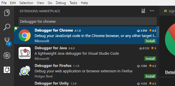 Installing the Visual Studio Code extension Debugger for Chrome