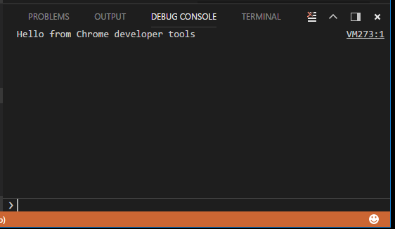 Visual Studio Code showing the message that was typed into Chrome Developer Tools has been captured and shown in its Debug Console