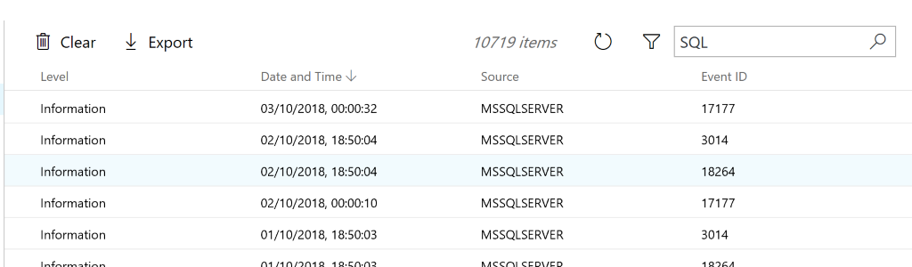 The search feature in the Windows Admin Center Events viewer far out-does anything that the native Event Viewer has to offer