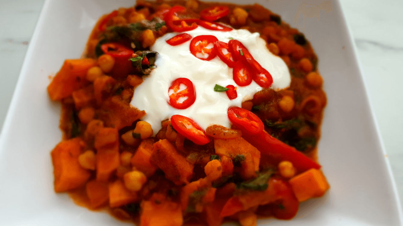 SSweet Potato, Chickpea & Pepper curry with yoghurt and sliced red chilli